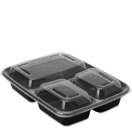 39 oz 3 Compartment Rectangle Black Base Clear Lid Container